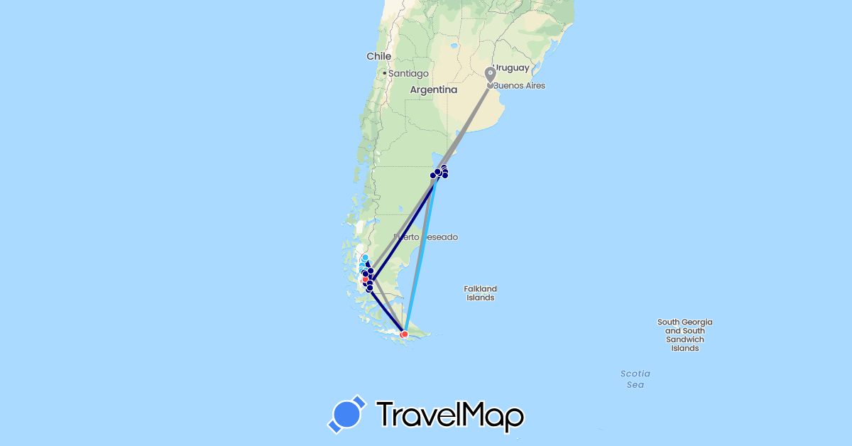 TravelMap itinerary: driving, plane, hiking, boat in Argentina, Chile (South America)
